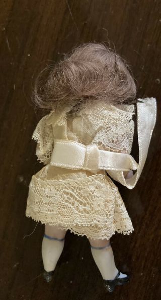 Antique German Miniuature Bisque Dollhouse Doll 3 1/2” Tall Brunette Hair 3