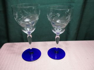 Weston Glass Floral Cobalt Base Water Goblet Wg16 (2) 7 5/8 "