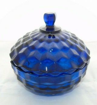 Vintage Indiana Glass Cobalt Blue Covered Candy Dish Whitehall Cubist Pattern
