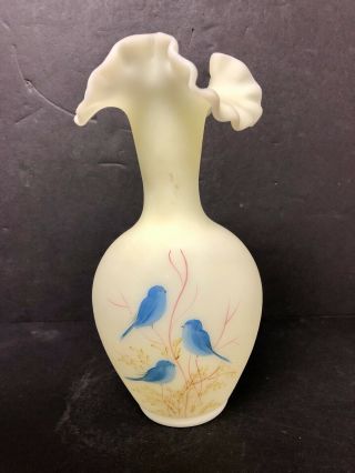 Fenton Custard Glass Handpainted Vase Bluebirds 9 3/4 "