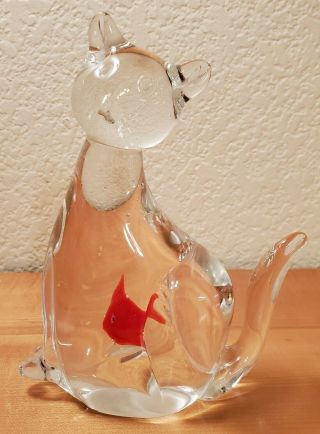 Art Glass Cat With Fish In Its Stomach Paperweight/figurine 6 " T X 4.  5 " W