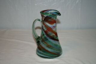 Multicolored Swirl Art Glass Ewer/pitcher Or Vase With Applied Handle