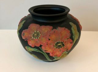 Antique 1920s Tiffin Black Amethyst Satin Glass Poppy Vase W Coralene Flowers