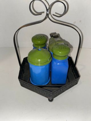 5 Pc Vintage Gemco Sugar Creamer Salt Pepper Shakers Blue / Green