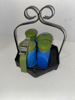 5 Pc Vintage Gemco Sugar Creamer Salt Pepper Shakers Blue / Green 2