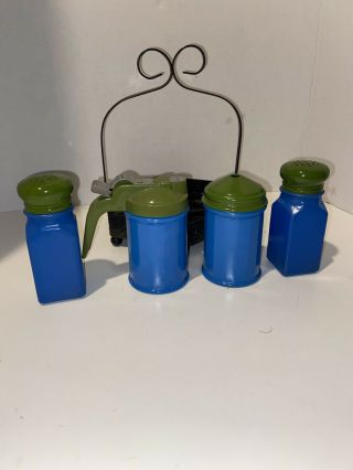 5 Pc Vintage Gemco Sugar Creamer Salt Pepper Shakers Blue / Green 3