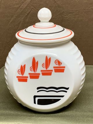 Vintage Fire King Vitrock Grease Jar With Red Flower Pots With Lid
