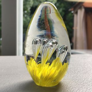 Vintage Art Glass Egg Shaped Clear & Yellow Paperweight With Controlled Bubbles