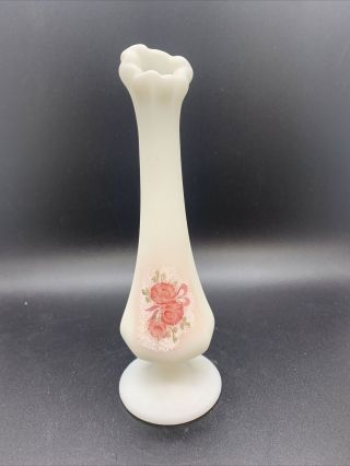 Vintage Fenton Custard Satin Rose Bud Vase 7 3/4” Signed Hand Painted