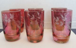 Set Of Six Vintage Ruby Flashed Cut To Clear Liqueurs