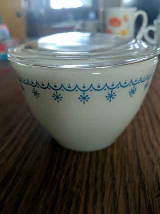 Vintage Pyrex Corning Blue Snowflake Garland Sugar Bowl W/ Lid