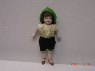 Antique German All Bisque Doll Jointed Arms And Legs 3.  75 Green Hat