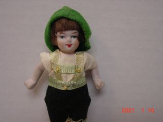 Antique German All Bisque Doll Jointed Arms and Legs 3.  75 Green Hat 2