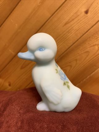Vintage Fenton Art Glass Blue Satin Glass Duckling Duck Blue Roses Hand Painted