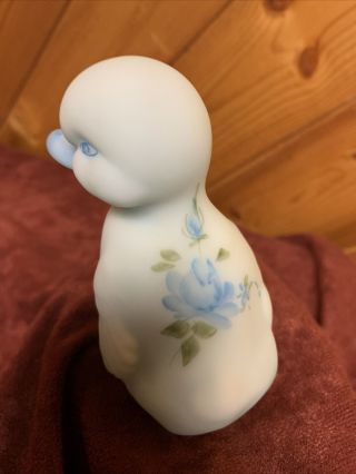 Vintage Fenton Art Glass Blue Satin Glass Duckling Duck Blue Roses Hand Painted 3