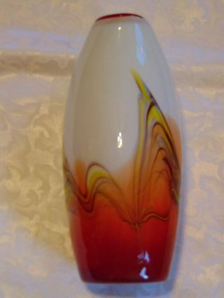 Vintage Murano Style Hand Crafted Art Glass Heavy Vase White Multicolor Waves