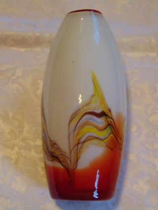 Vintage Murano Style Hand Crafted Art Glass Heavy Vase White Multicolor Waves 2