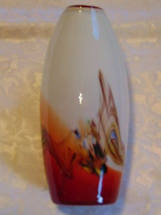 Vintage Murano Style Hand Crafted Art Glass Heavy Vase White Multicolor Waves 3