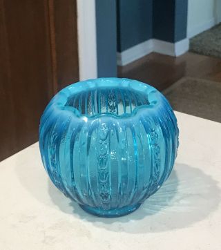 Fenton Glass Blue Lagoon Opalescent Rose Bowl Vase Hand Limited Faberge Pattern