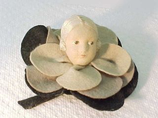 Cute Vintage Lenci Doll Head Black & Gray Felt Flower