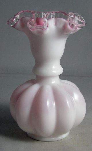 Vintage Fenton Pink Melon/white Rose Crest Ruffled Top Art Glass Vase Exc.