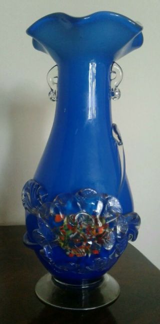 Vintage Retro Art Glass Blue Vase White Lined With Applied Fancy Flower