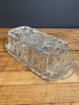 Vintage Clear Cut Glass Butter Dish With Lid,  Star Pattern.