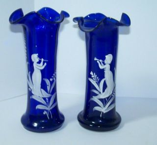 Pair Mary Gregory Cobalt Vases Ladies With Flute