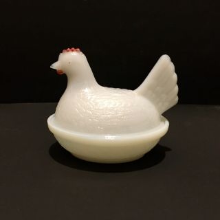 Vintage White Indiana Milk Glass Hen On Nest Lidded Trinket Dish 4 3/8” Long