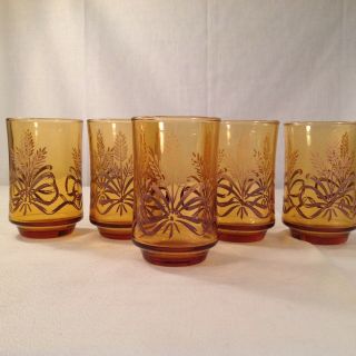 Set Of 5 Vintage Libbey Glass Amber Juice Glasses Ribbon And Wheat