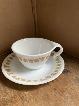 6 Vintage Pyrex Corning Corelle Gold Butterfly Coffee Cups " C " Handle W/ Saucer