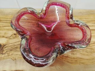 Vintage Art Glass Bowl Controlled Bubble Raspberry Pink