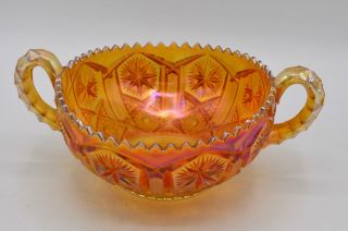 Vintage Imperial Marigold Carnival Glass Handled Bowl - Star & File Pattern
