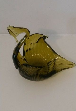 Vintage Murano Art Glass 6 " Green Swan Hand Crafted Sweet/bon - Bon Dish Figurine