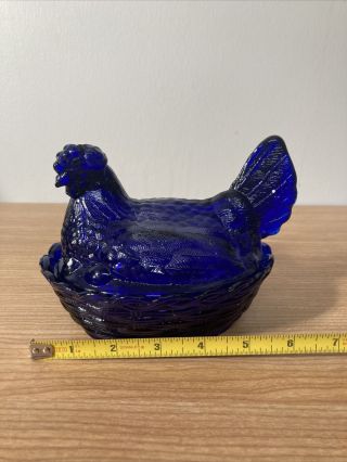 Vintage Cobalt Blue Glass Hen On Nest Covered Dish