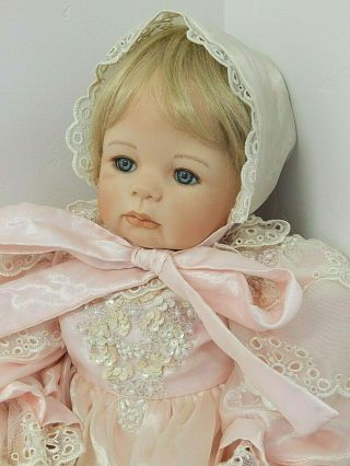 Monika Levenig 2002 21 " Porcelain Baby Doll In Long Pink Organdy Gown,  Bonnet