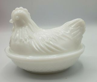 Hazel Atlas Milk Glass Chicken Hen On Nest Covered Candy Dish 4 - 1/2 " Long Marked