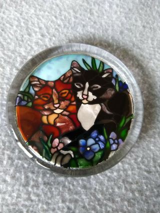 Joan Baker Design Hand Painted Tiffany Cats,  Tuxedo Cat Paperweight Stain Glass