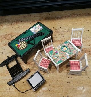 Dollhouse Miniature Game Room Black Wood Pool Table Rack Dart Board Table Tv