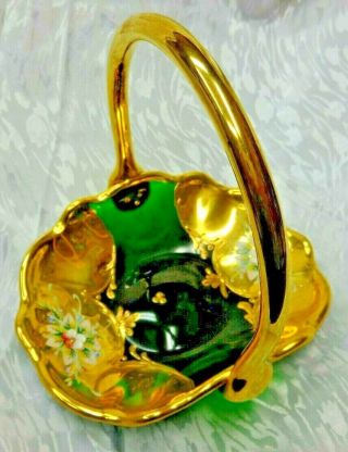 Murano 24k Gold Gilt Emerald Green Venetian Hand Painted Applied Floral Basket