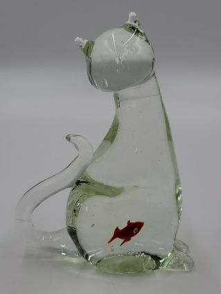 Diamond Glass Co.  Clear Art Glass Cat With Fish Goldfish In It 