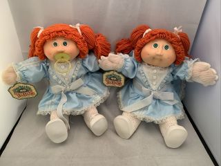 Vintage Cabbage Patch Kids Twin Girl Dolls W/ Tags Red Pigtails Green Eyes Dimpl
