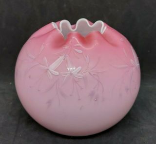 Glass Crimped Rose Bowl Vase With Pink Satin Overlay,  Hand Painted Flowers