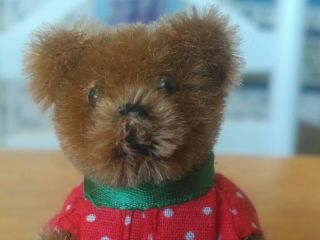 Antique Vintage Miniature Schuco Teddy Bear Homemade Dress Germany 3.  5in Vgc,