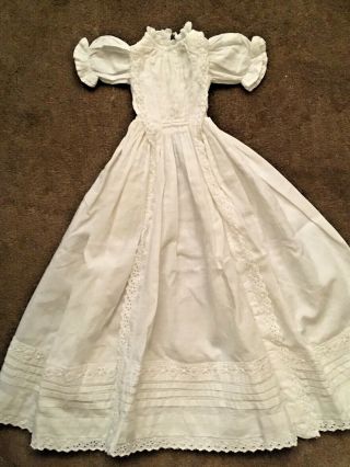 Antique Small White Baby Doll Gown W/ Lace & Pin Tucks For A 10 - 12” Doll