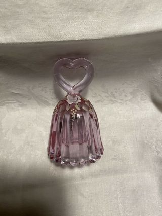 Vintage Fenton Pink Glass Bell With Heart Handle Hand - Painted,  Signed