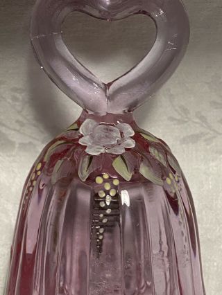 Vintage Fenton Pink Glass Bell with Heart Handle Hand - painted,  Signed 2