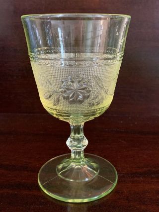 Vintage Vaseline Yellow Pressed Pattern Glass Goblet Floral