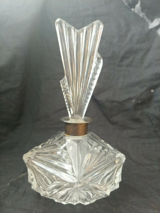 Vintage Czech Art Deco Geometric Glass Perfume Bottle With Silver Plate Collar