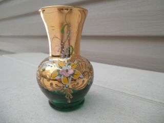 Vintage Czech Green Glass Mini Bud Vase - - Enamel Floral - - - 4 